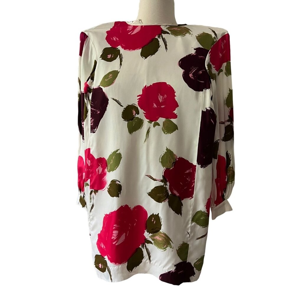 Kate Spade New York Size XXS Red Green Just Rosy Silk Blend Floral Shift Dress - Picture 3 of 16